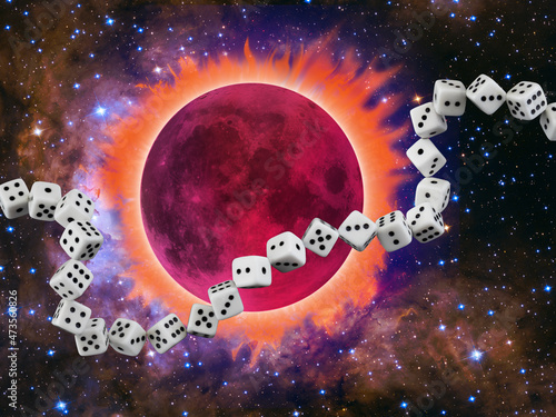 Photography abstract image of a chain of dice on the background of a space landscape