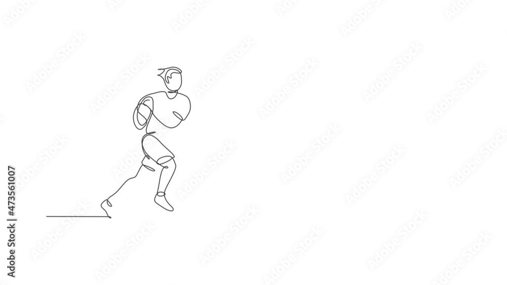 Animation of one line drawing of young energetic rugby player running and holding the ball. Healthy sport concept. Continuous line self draw animated for rugby tournament banner. Full length motion. Animation of one line drawing of young energetic rugby player running and holding the ball. Healthy sport concept. Continuous line self draw animated for rugby tournament banner. Full length motion.