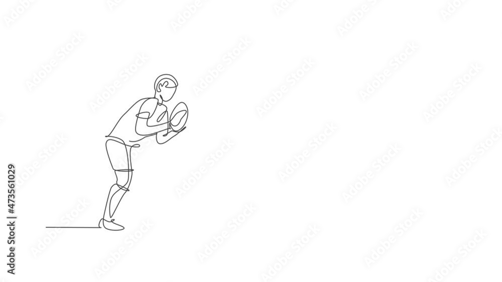 Animated self drawing of one continuous line draw young man rugby player catch the ball at match. Competitive aggressive sport concept. Full length single line animation for tournament promotion media Animated self drawing of one continuous line draw young man rugby player catch the ball at match. Competitive aggressive sport concept. Full length single line animation for tournament promotion media
