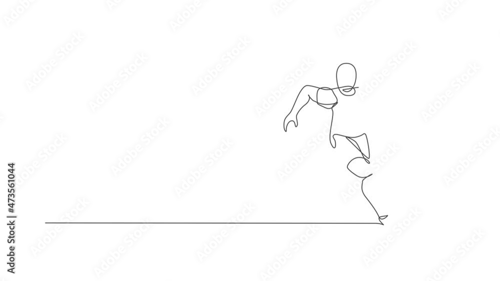 Animation of one line drawing of energetic man rugby player running to avoid rival chase. Healthy sport concept. Continuous line self draw animated for rugby tournament banner. Full length motion. Animation of one line drawing of energetic man rugby player running to avoid rival chase. Healthy sport concept. Continuous line self draw animated for rugby tournament banner. Full length motion.