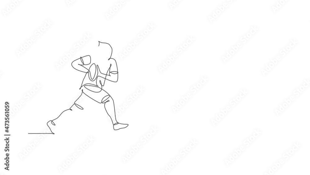 Animated self drawing of continuous line draw young man rugby player training and exercising. Competitive aggressive sport concept. Full length single line animation for tournament promotion poster. Animated self drawing of continuous line draw young man rugby player training and exercising. Competitive aggressive sport concept. Full length single line animation for tournament promotion poster.