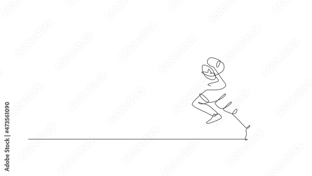 Animated self drawing of one continuous line draw young female rugby player catch and hold the ball. Competitive aggressive sport concept. Full length single line animation for tournament promotion. Animated self drawing of one continuous line draw young female rugby player catch and hold the ball. Competitive aggressive sport concept. Full length single line animation for tournament promotion.