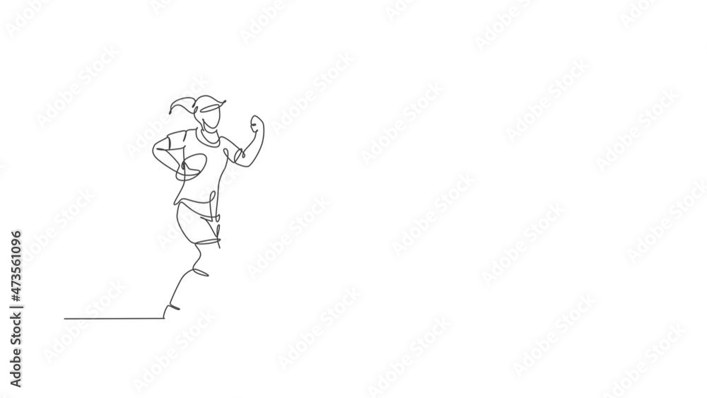 Animation of one line drawing of energetic rugby player running and holding the ball. Healthy sport concept. Continuous line self draw animated for basketball tournament poster. Full length motion. Animation of one line drawing of energetic rugby player running and holding the ball. Healthy sport concept. Continuous line self draw animated for basketball tournament poster. Full length motion.