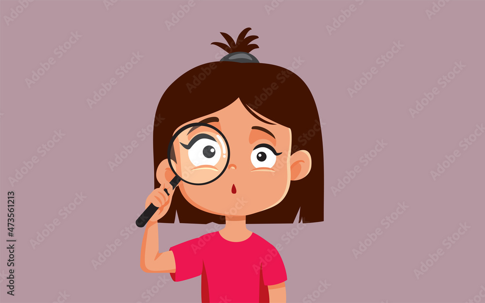 Curious Girl Holding A Magnifying Glass Vector Cartoon Illustration 