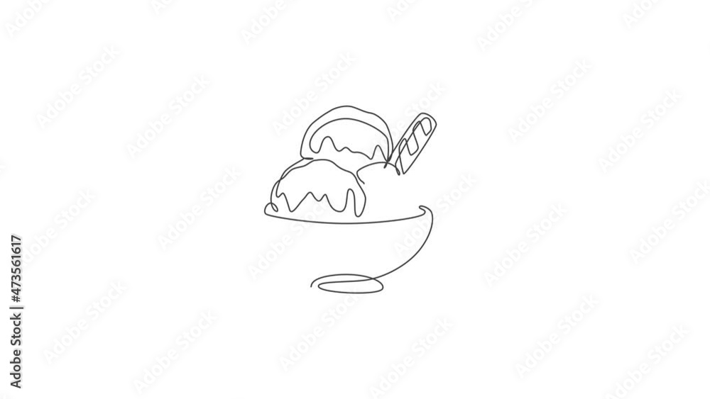 Animation of one line drawing of delicious ice cream cup with wafer stick and wafer roll. Dessert menu restaurant concept. Continuous line self draw animated street food logotype. Full length motion. Animation of one line drawing of delicious ice cream cup with wafer stick and wafer roll. Dessert menu restaurant concept. Continuous line self draw animated street food logotype. Full length motion.