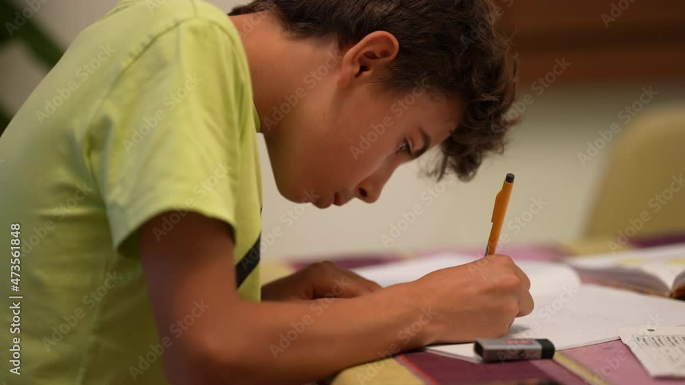 Adolescent kid doing homework studying at home, young boy studies Adolescent kid doing homework studying at home, young boy studies