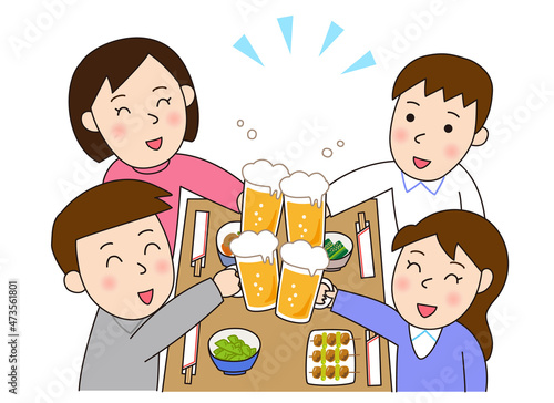 生ビールで乾杯 / 居酒屋で飲み会をする男女