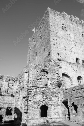 originally built in the late 3rd century Porchester Castle is the most impressive and best preserved of the Saxon shore forts in black and white photo