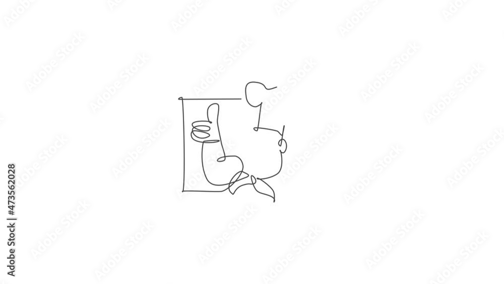 Animated self drawing of single continuous line draw stylized chef man character mascot with thumbs up finger gesture logo label. Emblem restaurant concept. Full length one line animation for kitchen. Animated self drawing of single continuous line draw stylized chef man character mascot with thumbs up finger gesture logo label. Emblem restaurant concept. Full length one line animation for kitchen.