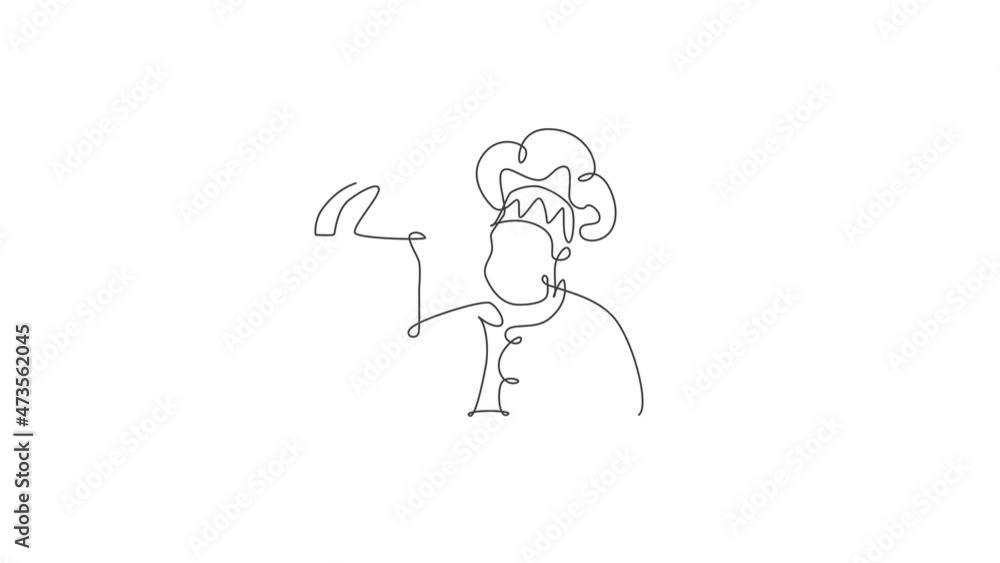 Animated self drawing of continuous line draw stylized man chef serving food for restaurant logo label. Food cafe mascot concept. Full length one line animation illustration for food delivery service. Animated self drawing of continuous line draw stylized man chef serving food for restaurant logo label. Food cafe mascot concept. Full length one line animation illustration for food delivery service.