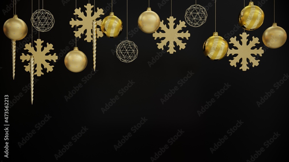 Gold christmas decoration on black background. 3d render