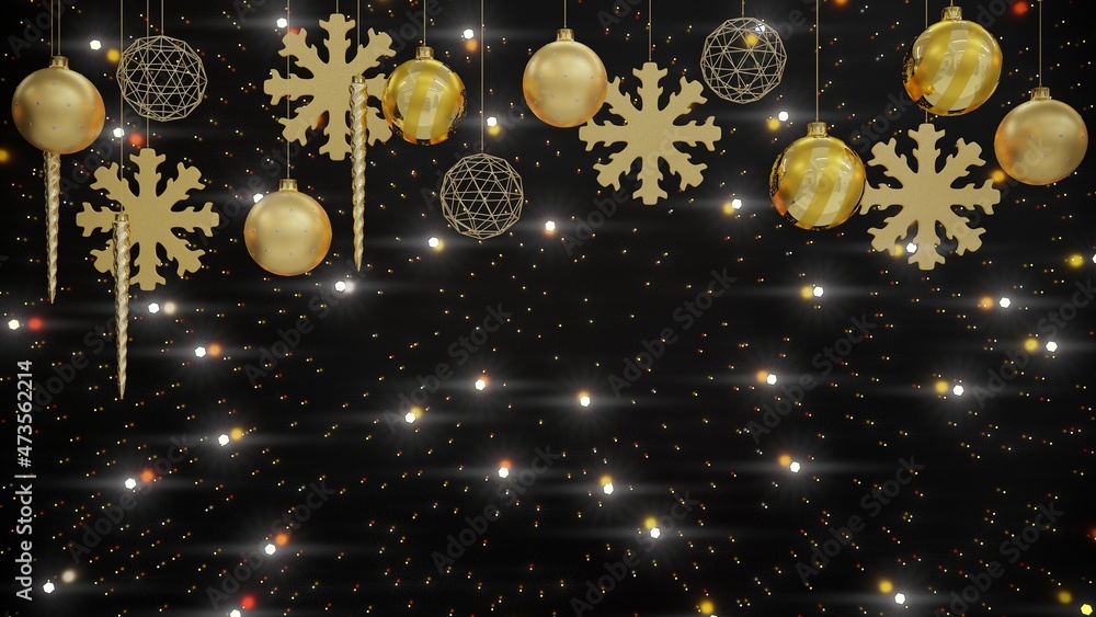 Gold christmas decoration on black background with shining flare. 3d render Gold christmas decoration on black background with shining flare. 3d render