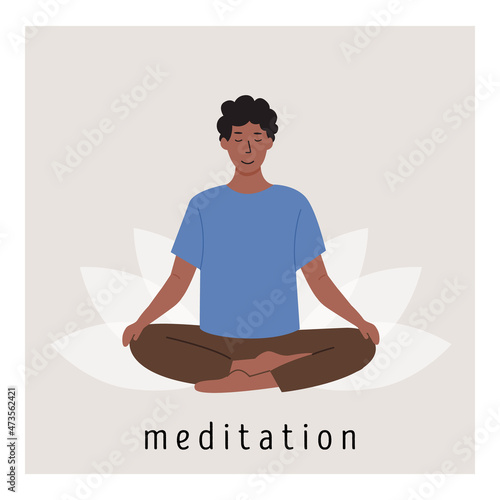 Square poster with young african male meditating on lotus flower and doing yoga breathing exercise. Man practicing Pranayama. Card with capture Meditation. Flat style vector illustration.