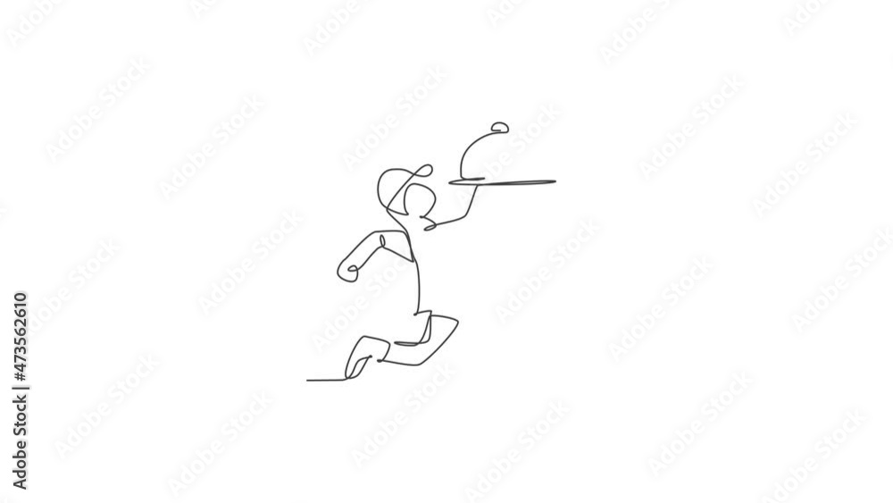Animation of one line drawing happy young man carrying steel tray cover cloche for food delivery service logo. Cafe restaurant badge concept. Continuous line self draw animated. Full length motion. Animation of one line drawing happy young man carrying steel tray cover cloche for food delivery service logo. Cafe restaurant badge concept. Continuous line self draw animated. Full length motion.