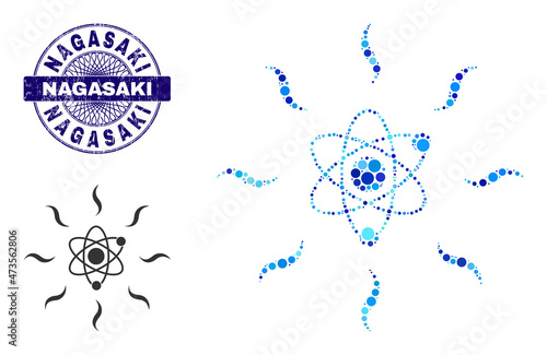 Round dot mosaic quantum radiation icon and NAGASAKI round rubber stamp print. Blue seal includes NAGASAKI title inside circle and guilloche technique.