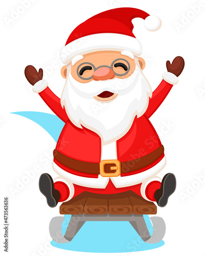 Santa claus rides in a sleigh and smiles, character on a white background.