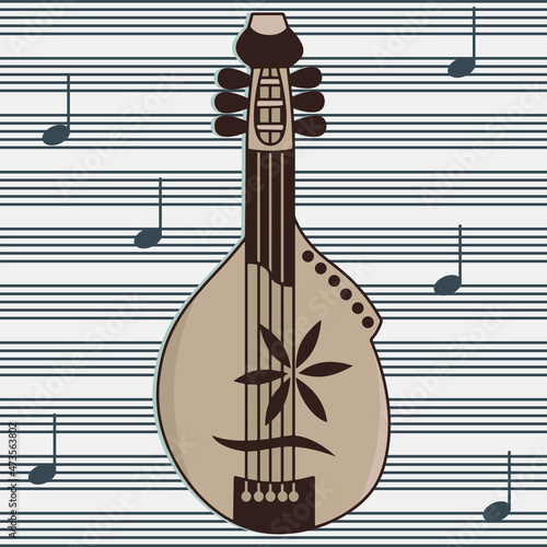 Kobza on music book page with notes background