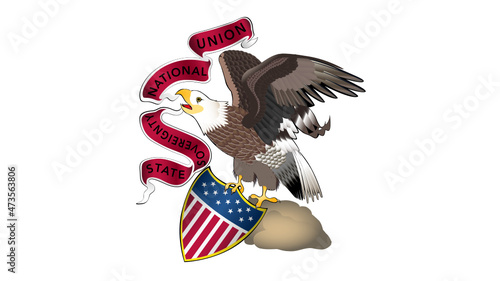 US Eagle perched on a founding stone clutching a shield of Stars and Stripes and a ribbon reading, “State Sovereignty, National Union” 