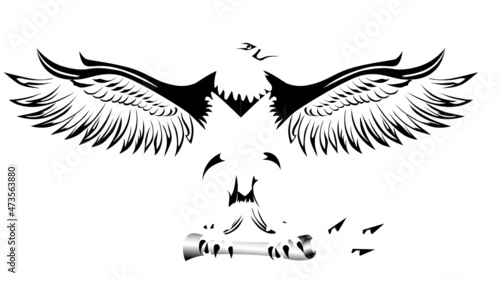 Negative space eagle silhouette with wings outstretched clutching a scroll with olive branch and arrows