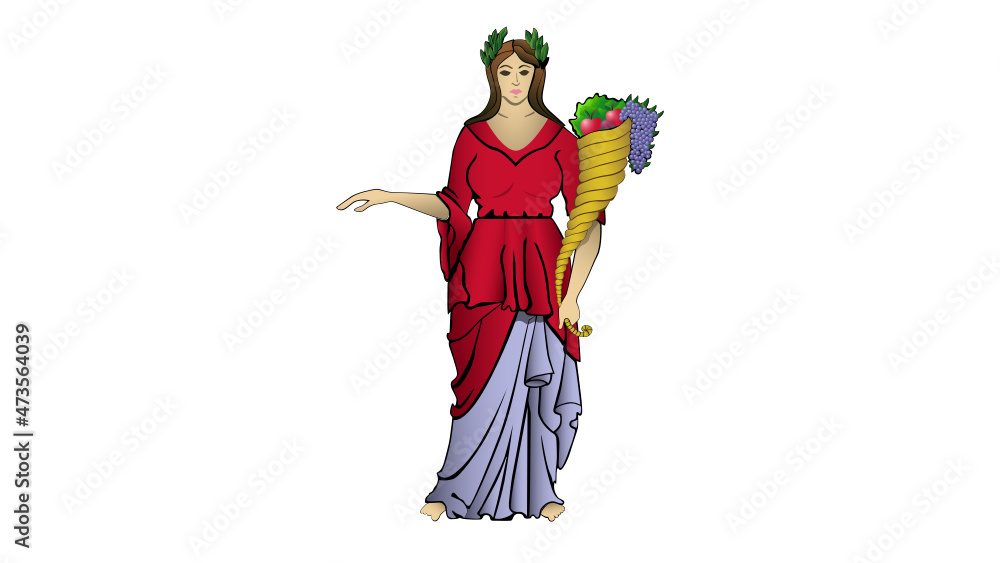 Fototapeta premium Goddess Fortuna posed with laurel crown cradling an cornucopia overflowing with abundance