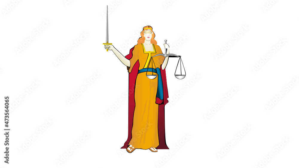 Illustration of goddess Themis posed with sword extended upwards