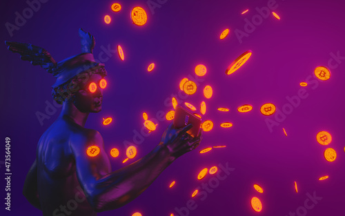 Statue Mercury in bitcoin glasses on neon background. 3d image. © stasnds