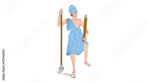 Goddess Virtus in Amazon dress, helmet, posed with spear breaking shackles and sword held in its scabbard 