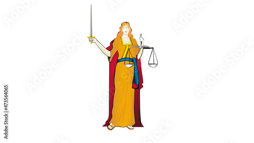Illustration of goddess Themis posed with sword extended upwards