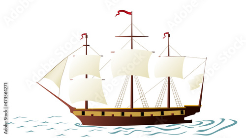Fényképezés Three mast ship illustration based on historical record of the US Brig Niagara t