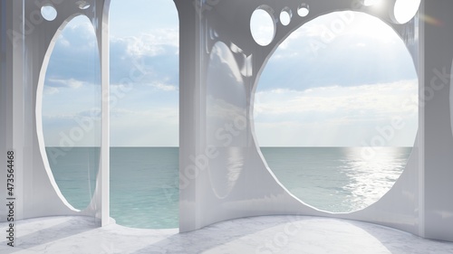 Architecture interior background room with sea view 3d render © Annuitti