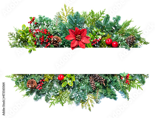 Christmas composition with fir branches, berries, cones, poinsettia flower isolated on white