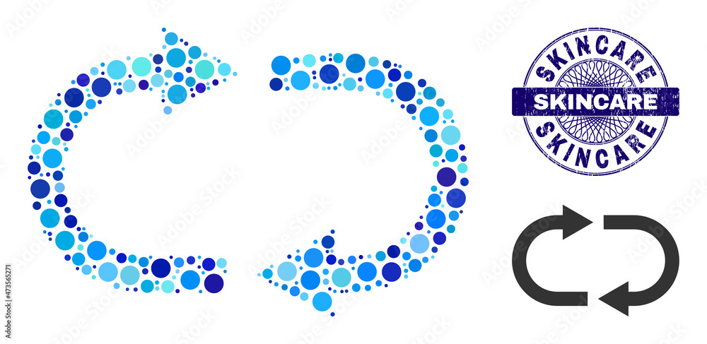 Rounded dot combination recycle icon and SKINCARE round grunge seal. Blue stamp seal includes SKINCARE tag inside circle and guilloche ornament. Vector collage is based on recycle icon, Rounded dot combination recycle icon and SKINCARE round grunge seal. Blue stamp seal includes SKINCARE tag inside circle and guilloche ornament. Vector collage is based on recycle icon,