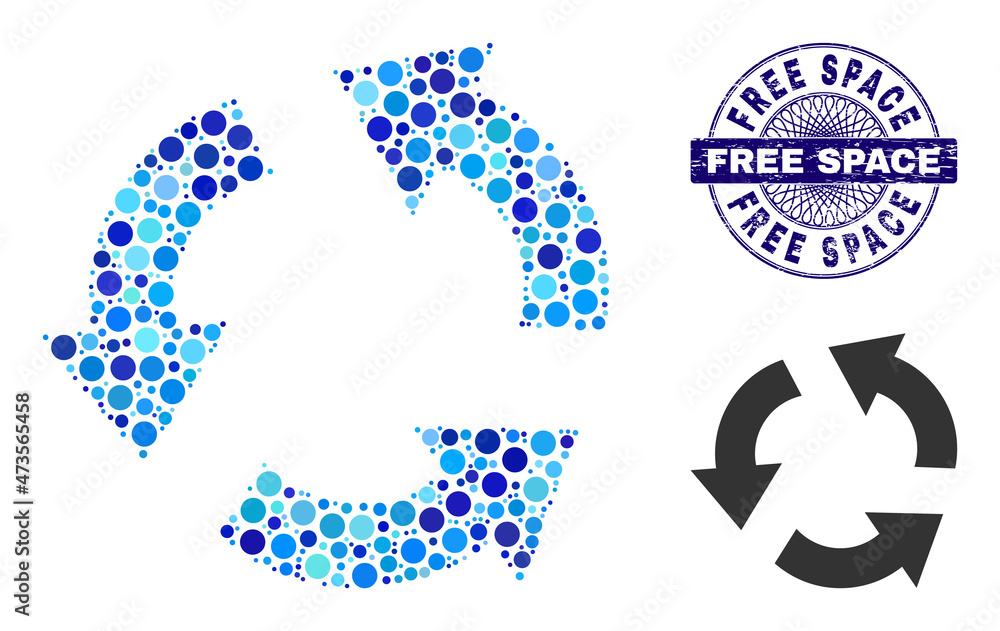Circle mosaic recycle icon and FREE SPACE round corroded stamp imitation. Blue stamp seal includes FREE SPACE text inside circle and guilloche structure. Vector collage is based on recycle icon, Circle mosaic recycle icon and FREE SPACE round corroded stamp imitation. Blue stamp seal includes FREE SPACE text inside circle and guilloche structure. Vector collage is based on recycle icon,