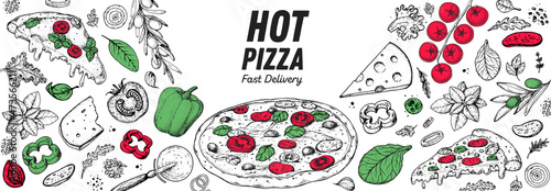 Italian pizza and ingredients. Italian food menu design template. Pizzeria menu design template. Vintage hand drawn sketch vector illustration. Engraved image.