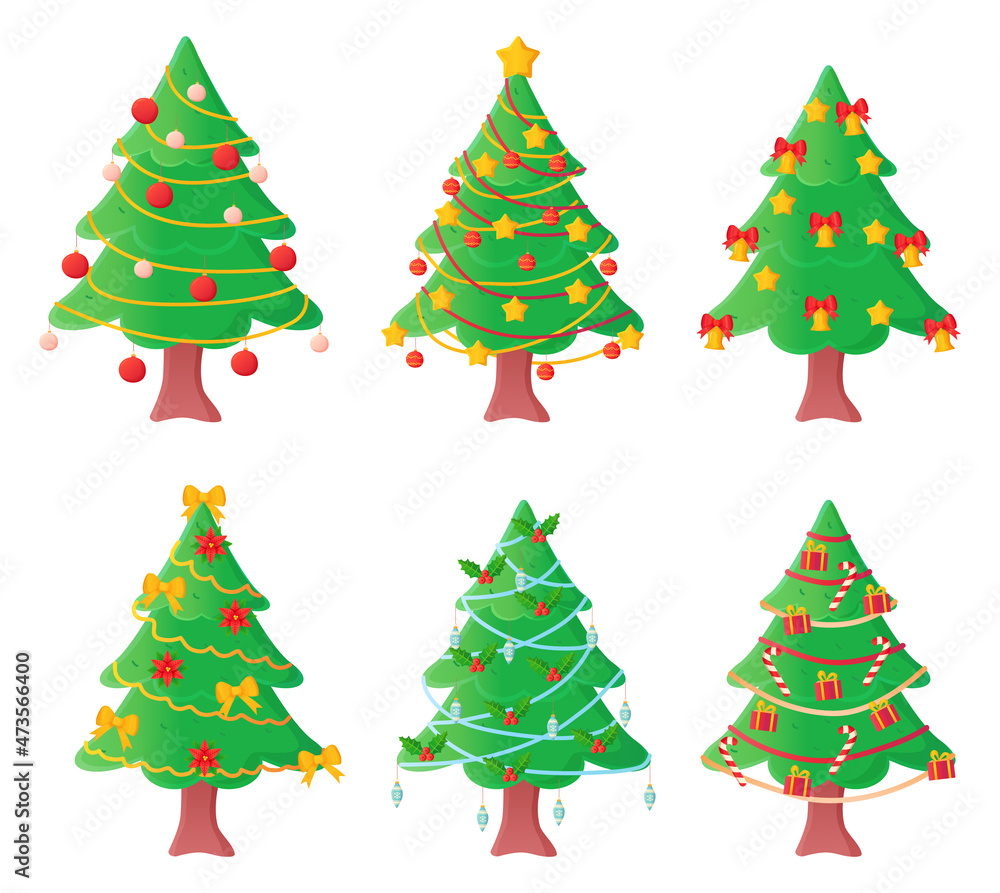 Set of pretty christmas trees decorated balls and garlands in cartoon style.