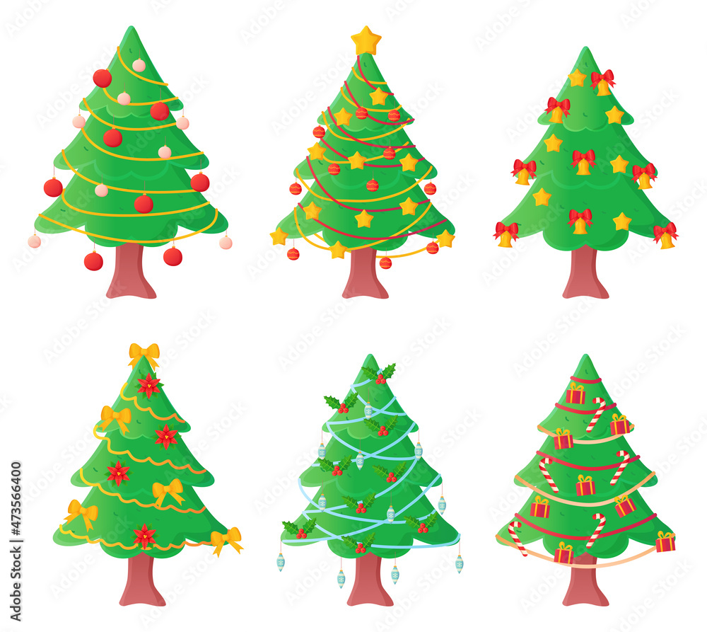 Set of pretty christmas trees decorated balls and garlands in cartoon style. Set of pretty christmas trees decorated balls and garlands in cartoon style.
