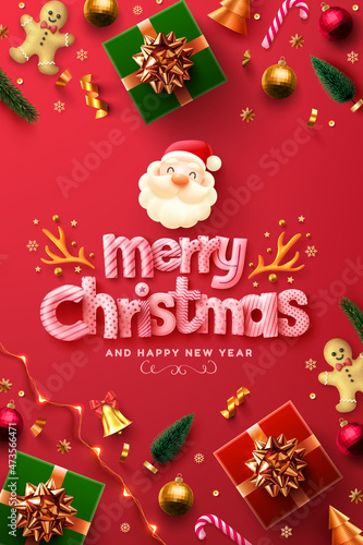 Merry Christmas and Happy New Year Poster or banner with Cute Santa claus,gift box and christmas element on red background.Banner template for Retail,Shopping,New year or Christmas Promotion.