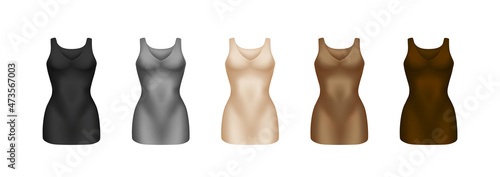 corrective lingerie shapewear 3d realistic vector illustration set. Beige silk underwear isolated on white. Front view. Body shaper. Lifting suits. Sexy corset tightening. Panty seductive black.