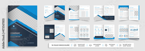 16 page Corporate modern bi fold brochure template and company profile with blue and black creative shapes annual report design ,Multipurpose editable template
