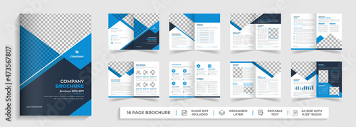 16 page Corporate modern bi fold brochure template and company profile with blue and black creative shapes annual report design ,Multipurpose editable template
