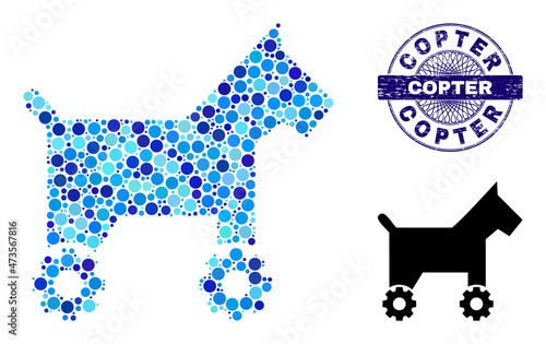 Circle collage robotic dog icon and COPTER round corroded stamp. Blue stamp seal includes COPTER caption inside circle and guilloche style. Vector collage is based on robotic dog icon,