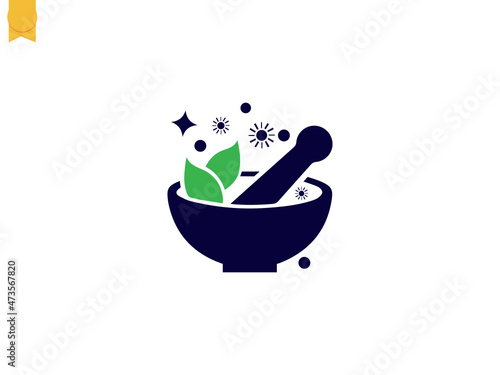 Creative Medical Logo Vector. Pharmacy, pestle and mortar icon sign symbol. Mortar and Pestle with spices outline style. Vector illustration. linear and full pictogram isolated on white. Symbol,.svg