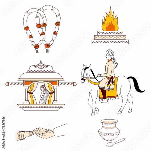 Indian Hindu Wedding Clipart Icon Vector like Ghudchadi Vidai Doli Jaimaal Mandap and Hands etc.