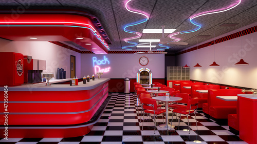 3D illustration of a 1950s vintage American diner interior. photo