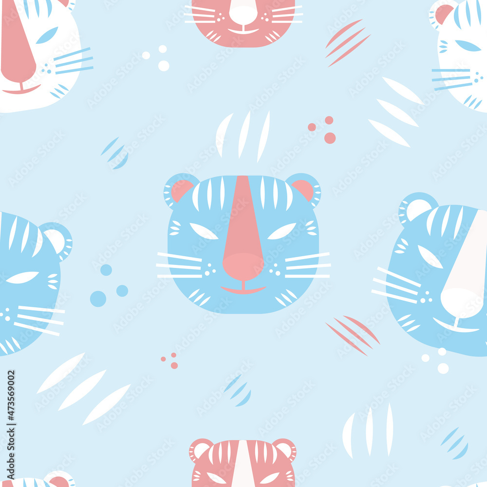 Pattern in honor of the new year of the tiger 2022, in the colors of the transgender flag. Drawing for wrapping paper, postcards, covers