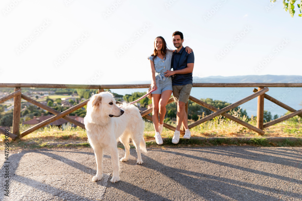 Couple looking at dog on footpath Couple looking at dog on footpath