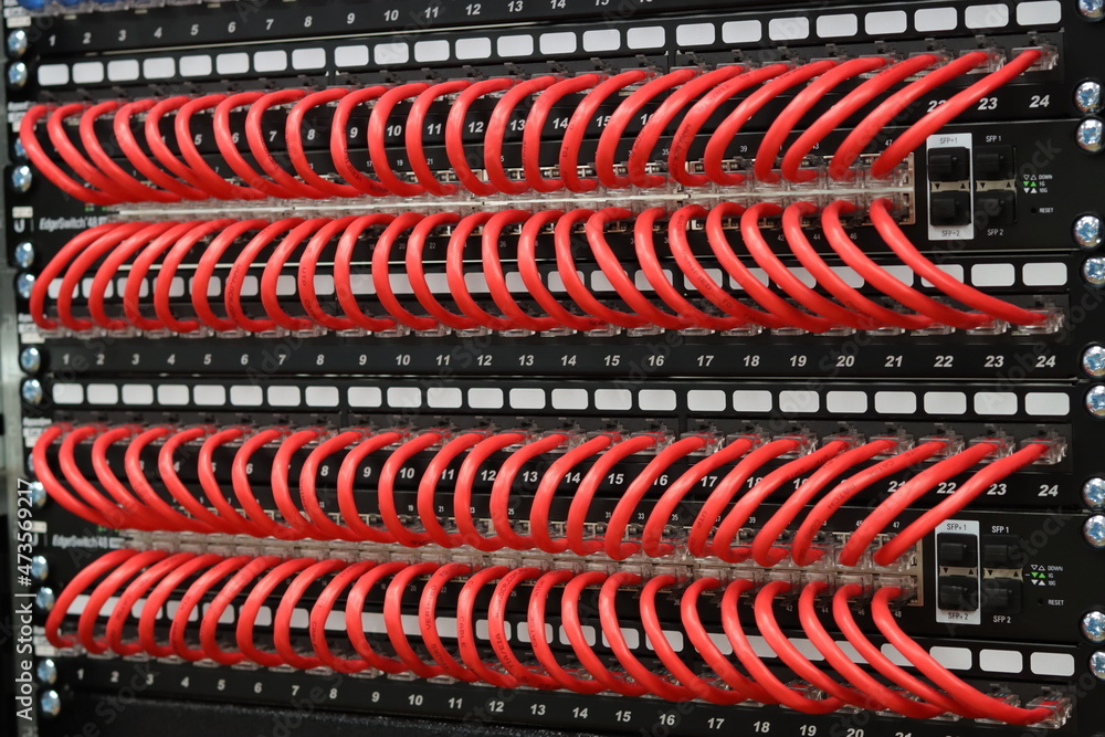 Ethernet switches are connected to patch panels using colored patch ...