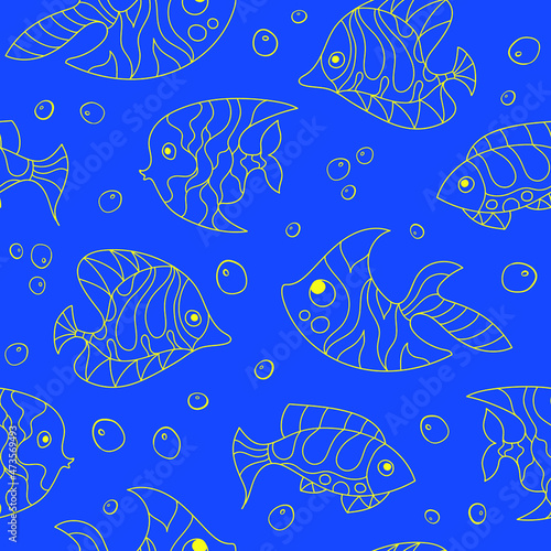 Seamless pattern of fantasy yellow psychedelic, creative doddle fish. Zen art creative design collection on blue background. Vector illustration.