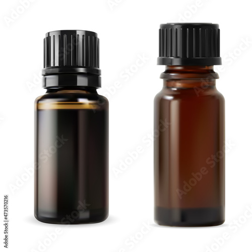 Small brown oil bottle. Glossy essential vial with black screw lid. Organic lavender essence flask design, apothecary storage isolated illustration