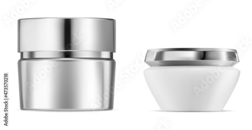 Silver cosmetic cream jar mockup. Face care cream container, white packaging design. Luxury moisturizer gel bottle, realistic mineral makeup powder box